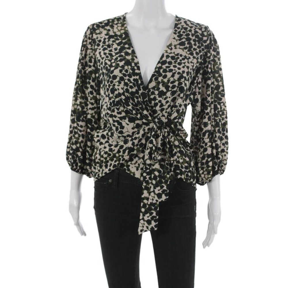 Veronica M Women Wrap Blouse Beige Abstract V-Neck Long Sleeve Polyester Size L